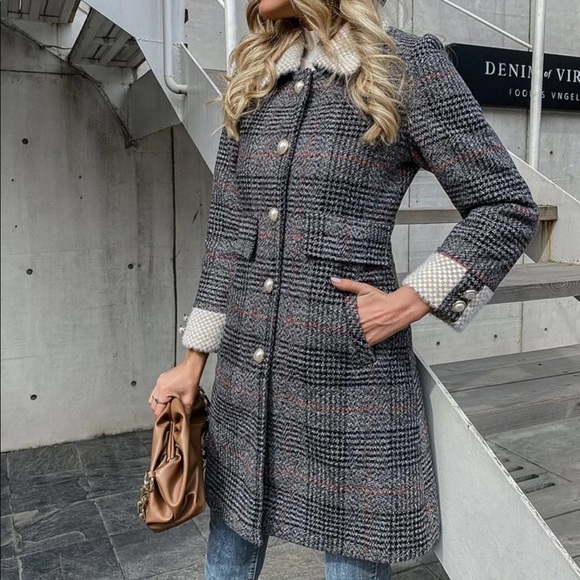 Tweed plaid trench peacoat houndstooth vintage tan - Picture 12 of 14